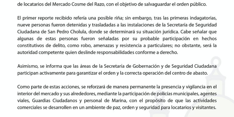 Actúa con resultados Gobierno de San Pedro Cholula ante hechos registrados en el mercado Cosme del Razo